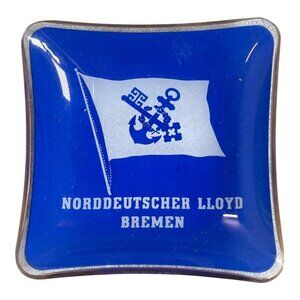 Norddeutscher Lloyd Bremen Blue Glass Trinket Dish Ashtray Gold Trim Vintage